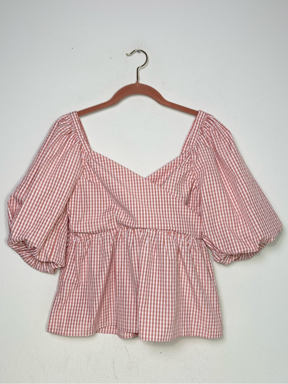 Linden Street Studio Womens Puff Sleeve Top, Pink Gingham Check Checkered M